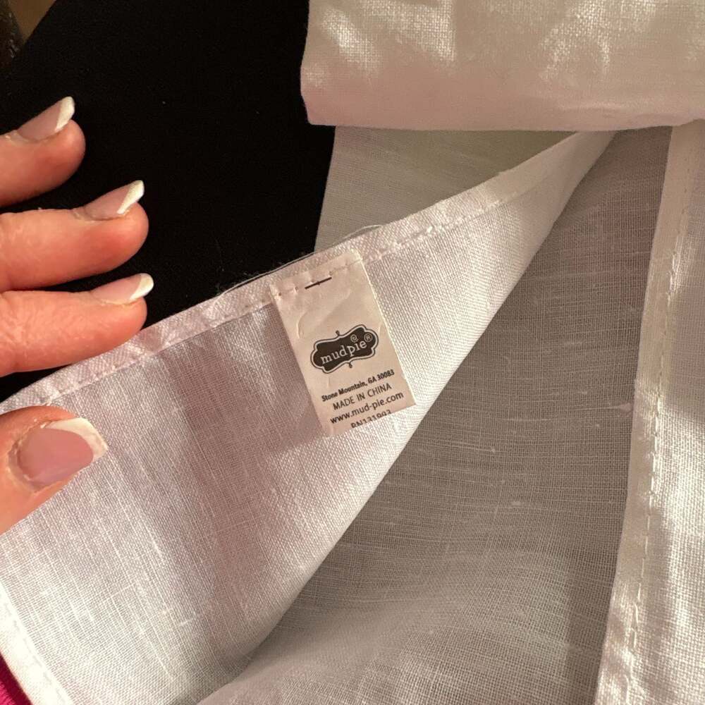 Mud Pie White Linen Embroidered Topiary Tea Towel